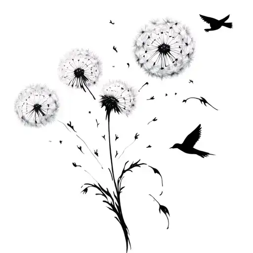 dandelion blowing in the wind, turning into birds, with a pocket watch behind it tattoo design idea