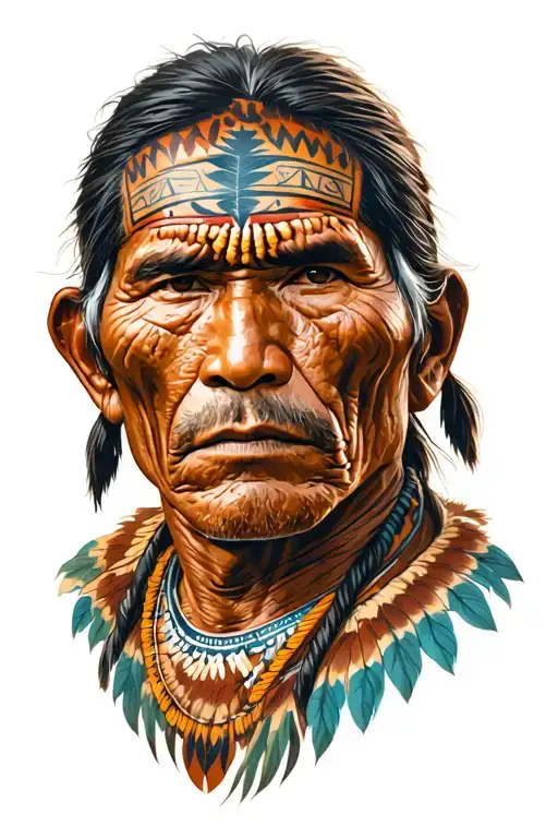 eve American Indian man (Hala y) with wrinkles and on his face symbols of their cultures tattoo design idea