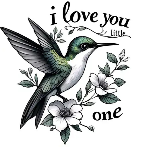 "i love you little one " humming bird with flowers tattoo design idea