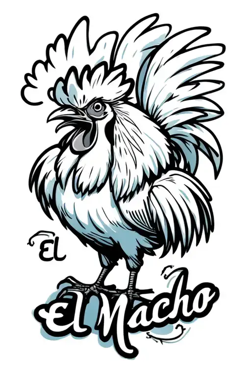 sexy rooster crowing in the air with one head and two legs with "El Macho" written below tattoo design idea
