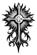 uruguayan sun with cross and filigree tattoo design idea