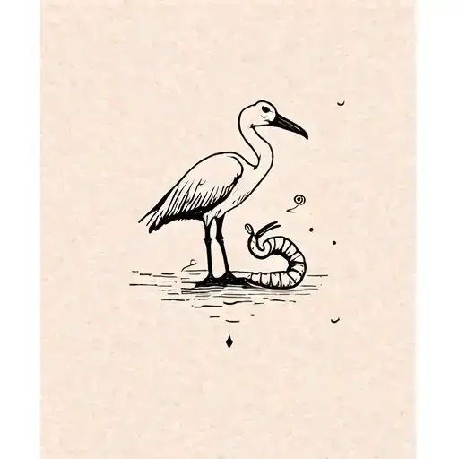 A stylized tattoo featuring a whimsical yet symbolic scene of a stork and a worm. tattoo design idea