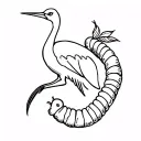 A stylized tattoo featuring a whimsical yet symbolic scene of a stork and a worm. tattoo design idea