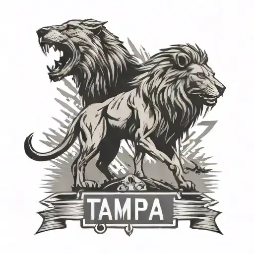 highway sign with Tampa bay and New York as its directions with a lion and a wolf roaring  tattoo design idea