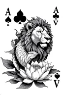 A mystical representation of the Poker card with a lion, a koi fish and lotus flower intertwined tattoo design idea