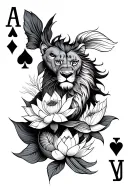A mystical representation of the Poker card with a lion, a koi fish and lotus flower intertwined tattoo design idea