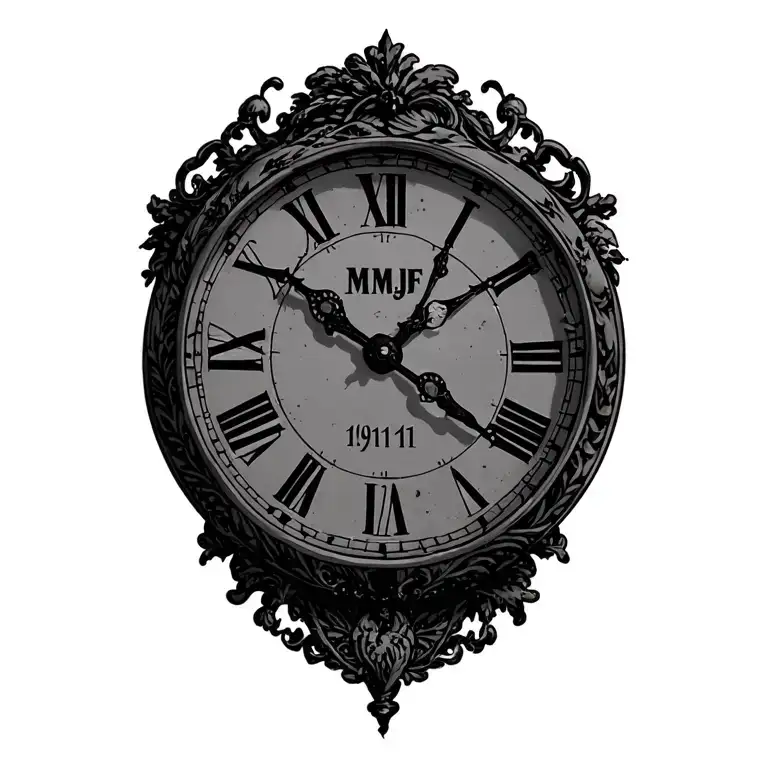 Vintage clock reading 11:45, below the clock date of 19/11/19 and above initials MMJF tattoo design idea