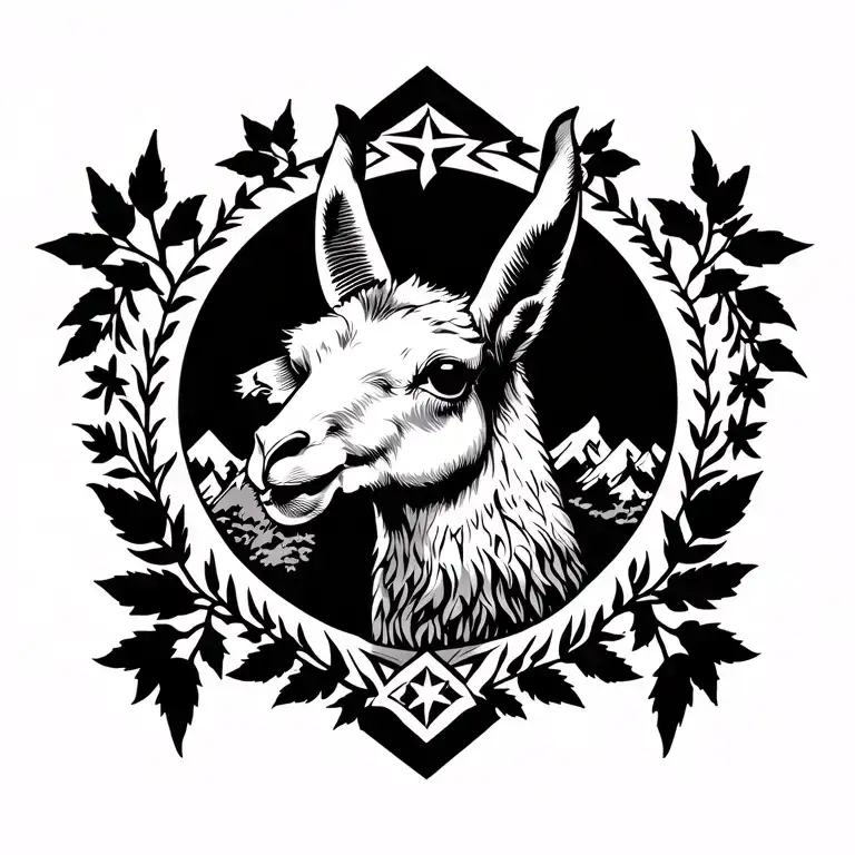 sacred star, mountain range, llama face, ayahausca vines running from neck down spine tattoo design idea
