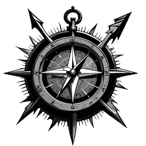 half clock have compass with an arrow piercing both upwards and across tattoo design idea