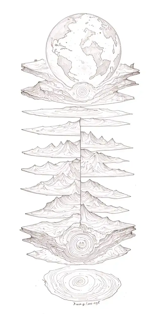 a tattoo of a cross-section of the earth's layers, with detailed depictions of different geological features like tectonic plates and fossils tattoo design idea