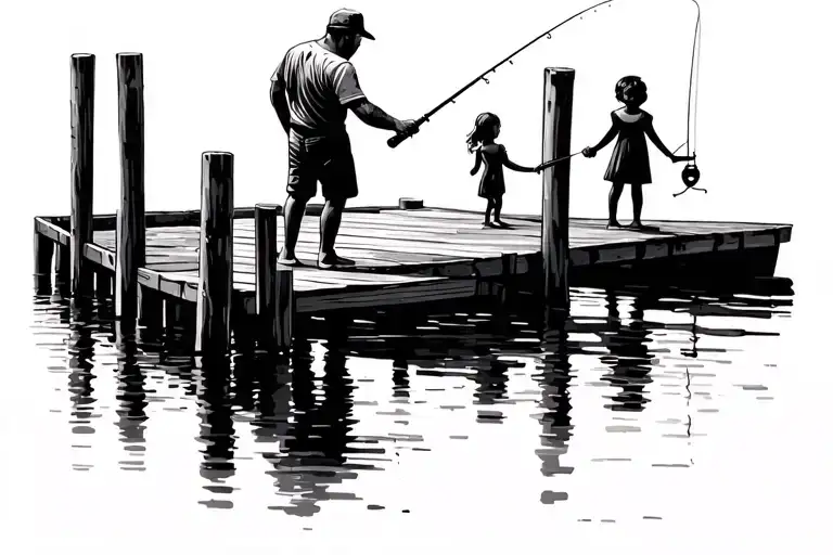 fishing dock extending with silhouette of a man holding a fishing pole in one hand and holding a little girls hand with  tattoo design idea