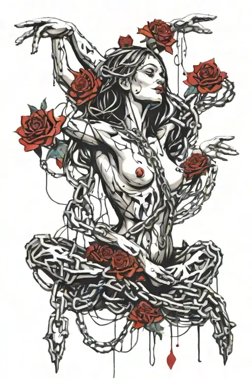 Naked girl, roots growing out of chains, roses tattoo design idea