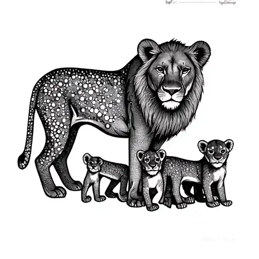 lioness with 3 cubs 1 cub with funny facial expression , floral design  tattoo design idea
