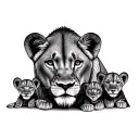 lioness with 3 cubs 1 cub with funny facial expression , floral design  tattoo design idea
