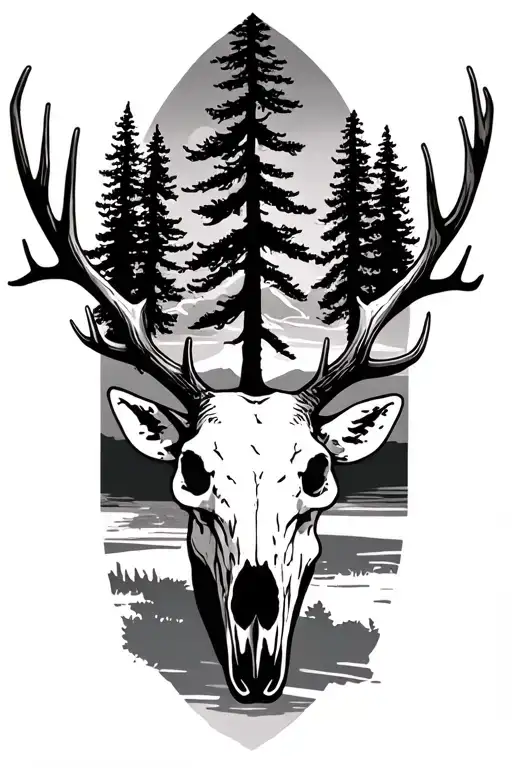 elk skull, sunset, pine tree tattoo design idea