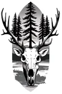 elk skull, sunset, pine tree tattoo design idea