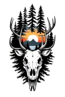 elk skull, sunset, pine tree tattoo design idea