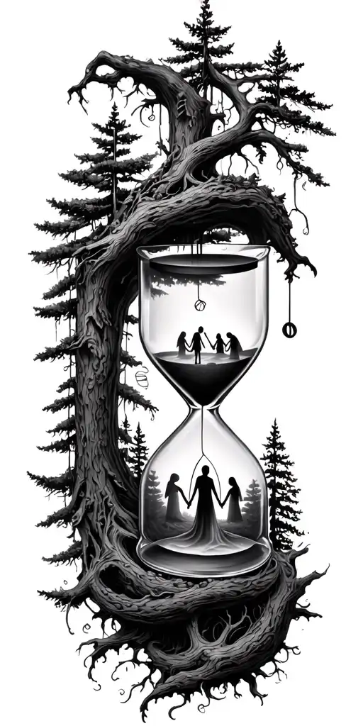 forest and family and hour glass and infinity tattoo design idea