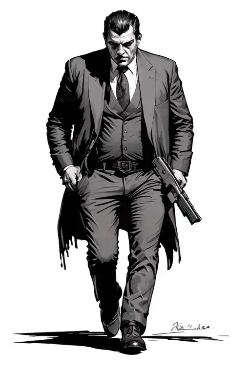 Mafia boss battle scene tattoo design idea