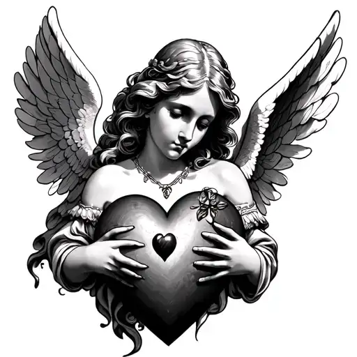 heart with angel holding tattoo design idea