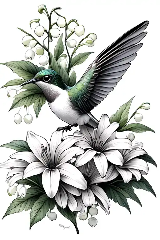 hummingbird with daises and lily of the valley flowers tattoo design idea