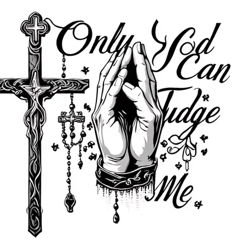 "Only God Can Judge Me" Praying hands with rosary and crusifix background black and grey tattoo design idea