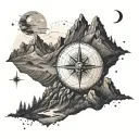A detailed mountain landscape with a compass rose integrated into the design, representing your passion for exploring new places tattoo design idea