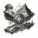 A detailed mountain landscape with a compass rose integrated into the design, representing your passion for exploring new places tattoo design idea