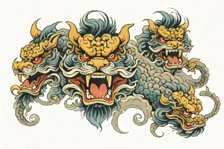 3 Foo dogs face tattoo design idea