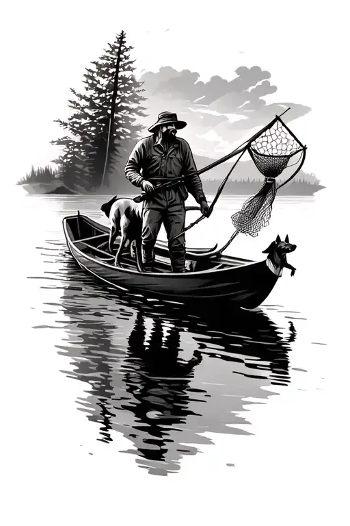 A hunter to do with his dog and in the background a man on a boat that launches a fish net on a lake tattoo design idea