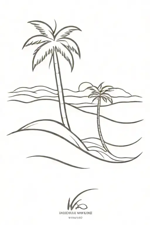 waves and palm tree tattoo design idea