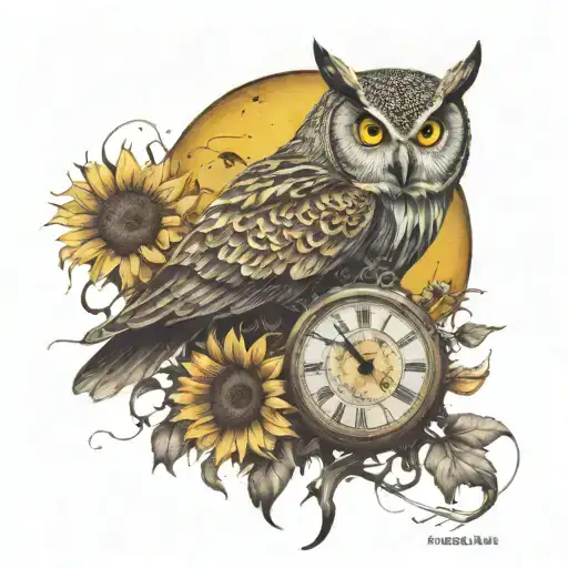 owl, scar, pain, broken clock, darkness, love betrayal, sunset, sunflower,realism beautiful and chaotic tattoo design idea