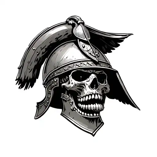 Skull in Roman Legionaire helmet surrounded, looking down at an angle with mouth open tattoo design idea