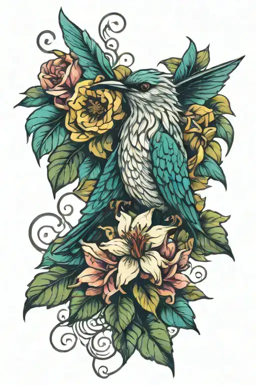 flowers lion humming bird tattoo design idea