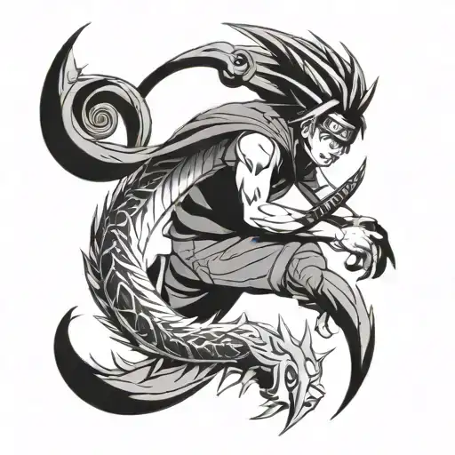 Naruto sun, Sasuke half moon, and nine tails combined black and white tattoo for men forearm  tattoo design idea