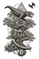 tree snake one pyramid black eagle waterfalls eyeball wheelchair sun, moon ,whale,dragonemersing,grimreaper skull roses  tattoo design idea