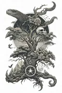 tree snake one pyramid black eagle waterfalls eyeball wheelchair sun, moon ,whale,dragonemersing,grimreaper skull roses  tattoo design idea