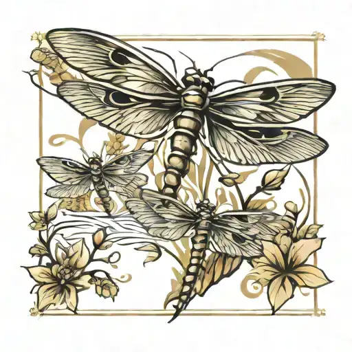 postage stamp with river and dragonflies on it  tattoo design idea