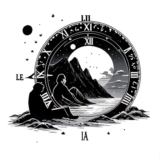 moon or a planet inside a time dial, words let it be, beach, mountain, lost in thought man sitting, minimalist tattoo tattoo design idea