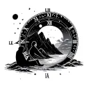 moon or a planet inside a time dial, words let it be, beach, mountain, lost in thought man sitting, minimalist tattoo tattoo design idea