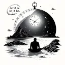 moon or a planet inside a time dial, words let it be, beach, mountain, lost in thought man sitting, minimalist tattoo tattoo design idea
