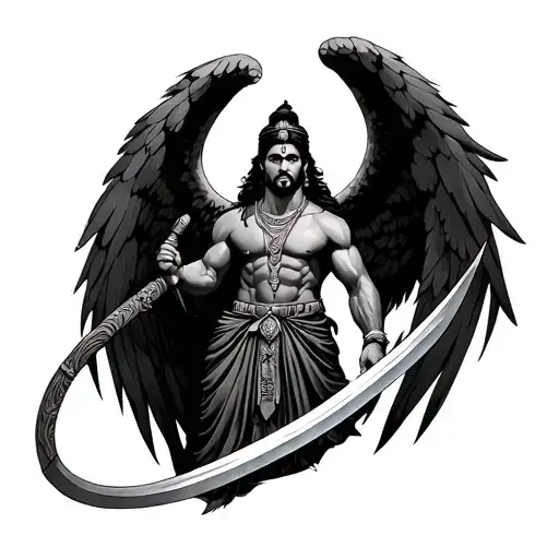 karan or arjun with arch angel with sword tattoo design idea
