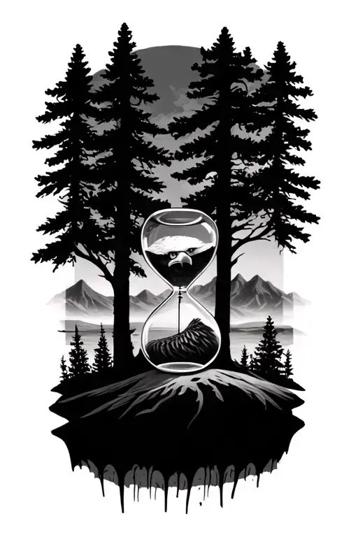 eagle eyes behind trees with hour glass with sand and mountain on background in black, grey and white tattoo design idea