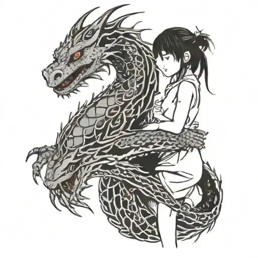 Dragon from the anime "Spirited Away" and the girl Chihiro from the same anime, the dragon around the girl, and she hugs him tattoo design idea