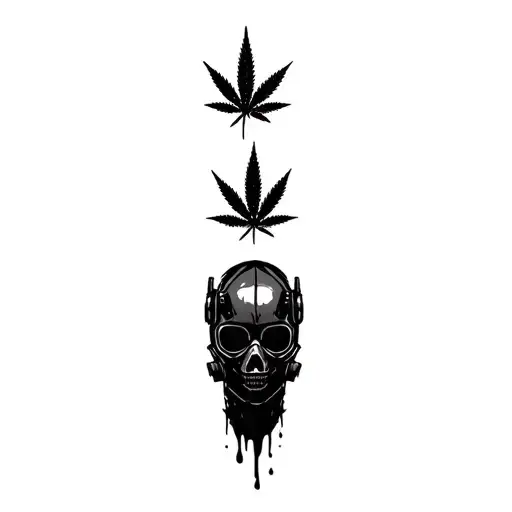 composition,black robot skull with gas mask,marijuana leaves in the background,dripping blood tattoo design idea