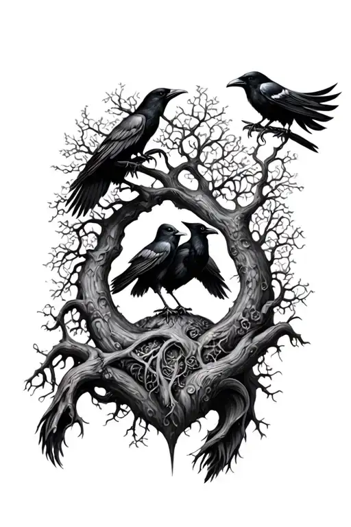 yggdrasil tree i ravens Huginn and Muninn tattoo design idea