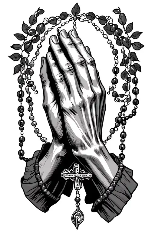 praying hands with rosary and shading tattoo design idea