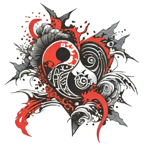 yin yang with polynesian wave, arrowhead, mountain and heart tattoo design idea