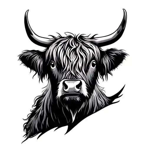 A diagonal tattoo design for the shoulder or upper arm. A Highland cow angled slightly upward, its reddish-brown shaggy tattoo design idea