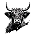 A diagonal tattoo design for the shoulder or upper arm. A Highland cow angled slightly upward, its reddish-brown shaggy tattoo design idea